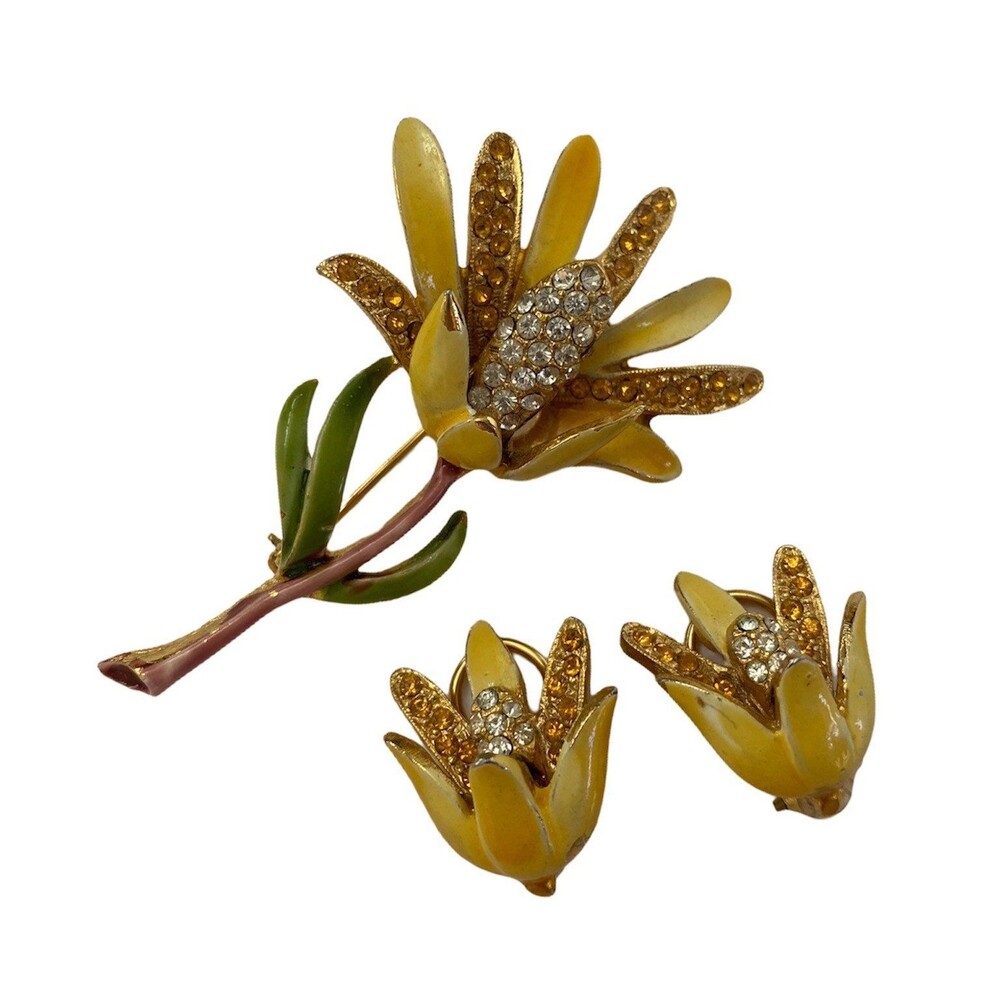 Vintage BSK Yellow Enamel Flower Brooch and Clip-on Earrings Set